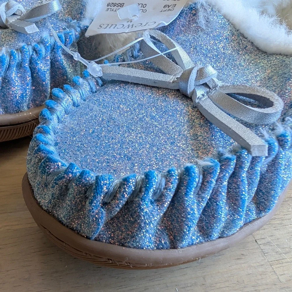 J.Crew Crewcuts Kids‎ Glitter Slippers Size K12 Blue White Faux Fur NEW!